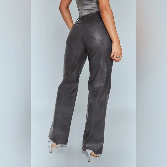 Pretty Little Thing Washed Black Faux Leather Straight Leg Trousers US 10 New - Picture 5 of 11